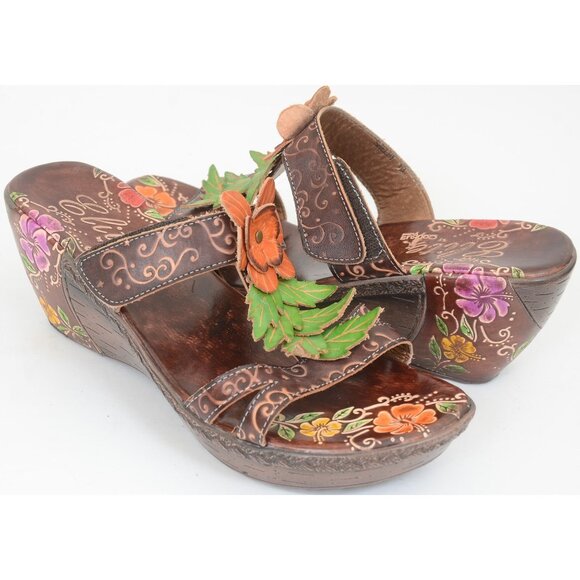 Corkys Hand Painted Floral Leather Slip-On Wedge Heel Sandal Boho Colorful Sz 10 - Picture 1 of 11